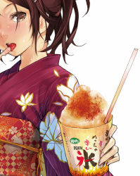 Rule 34 | 1girl, blush, brown eyes, brown hair, drinking straw, food, japanese clothes, kimono, open mouth, original, ponytail, redjuice, side ponytail, simple background, solo, sweat, tongue