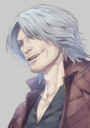 Rule 34 | 1boy, bad id, bad pixiv id, black shirt, blue eyes, character name, coat, collared coat, commentary, dante (devil may cry), devil may cry (series), devil may cry 5, facial hair, gold trim, grey background, looking at viewer, male focus, open clothes, open coat, open mouth, open shirt, parted hair, partially unbuttoned, popped collar, portrait, red coat, shirt, short hair, simple background, smile, solo, stubble, talgi, teeth, unbuttoned, unbuttoned shirt, upper teeth only, white hair
