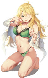 Rule 34 | 1girl, ;p, ahoge, barefoot, blonde hair, bra, breasts, cleavage, finger to mouth, full body, green bra, green eyes, green panties, hand to own mouth, hoshii miki, idolmaster, idolmaster (classic), kneeling, long hair, medium breasts, navel, off shoulder, one eye closed, open clothes, open shirt, panties, shirt, simple background, sola (solo0730), solo, tongue, tongue out, underwear, v-shaped eyebrows, white background