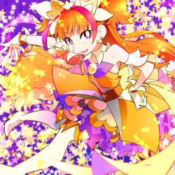 Rule 34 | 1girl, amanogawa kirara, armpits, artist request, bare shoulders, breasts, brown hair, choker, cleavage, cure twinkle, earrings, gloves, go! princess precure, hand on own hip, highres, jewelry, long hair, magical girl, precure, purple background, purple eyes, smile, solo, star (symbol), star earrings, twintails, very long hair, white gloves