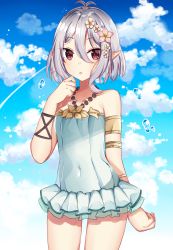 Rule 34 | 1girl, :o, absurdres, antenna hair, bare shoulders, blue one-piece swimsuit, blue sky, blush, casual one-piece swimsuit, cloud, cloudy sky, collarbone, commentary request, covered navel, day, flower, hair between eyes, hair flower, hair ornament, hand up, highres, kokkoro (princess connect!), kokkoro (summer) (princess connect!), looking at viewer, norazura, one-piece swimsuit, outdoors, parted lips, pink flower, pointy ears, princess connect!, red eyes, see-through, short hair, silver hair, sky, solo, swimsuit, water drop, white flower