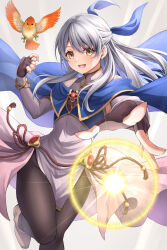 Rule 34 | 1girl, bare shoulders, bird, black gloves, black pantyhose, blue cape, blue ribbon, breasts, cape, commentary request, dress, fingerless gloves, fire emblem, fire emblem: radiant dawn, gloves, grey background, grey dress, grey footwear, grey hair, hair ribbon, hand up, long hair, long sleeves, magic, micaiah (fire emblem), nintendo, pantyhose, ribbon, scarf, shoes, simple background, sleeveless, sleeveless dress, small breasts, smile, solo, ten (tenchan man), thighs, white hair, yellow eyes, yune (fire emblem)