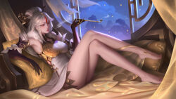 Rule 34 | 1girl, barefoot, black gloves, breasts, china dress, chinese clothes, claw ring, crossed legs, dark duck, dress, elbow gloves, fur collar, genshin impact, gloves, hair ornament, hair stick, highres, holding, holding smoking pipe, indoors, large breasts, long hair, night, ningguang (genshin impact), parted bangs, red eyes, smoking pipe, solo, tassel, tassel hair ornament, white hair, window