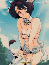 Rule 34 | 1girl, animal costume, animal ears, animal print, artist name, bare shoulders, bell, bikini, bluethebone, bluesona (bluethebone), bra, breasts, brown eyes, brown hair, cleavage, cow costume, cow ears, cow print, cow tail, eyepatch bikini, fictional persona, hands on own thighs, highres, looking at viewer, medium breasts, neck bell, open mouth, original, patreon username, retro artstyle, short hair, sky, smile, solo, swimsuit, tail, thighhighs, underwear