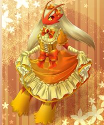 Rule 34 | 1girl, bandaged arm, bandages, blaziken, bow, colored sclera, corset, creatures (company), curtsey, dress, feet, frilled dress, frills, full body, furry, furry female, game freak, gen 3 pokemon, hands up, highres, kakiikada, long hair, looking away, looking to the side, nintendo, no humans, orange background, orange dress, platinum blonde hair, pokemon, pokemon (creature), pokemon rse, red background, red bow, red eyes, short sleeves, skirt hold, solo, standing, yellow sclera