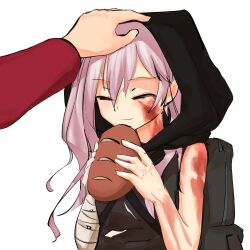 Rule 34 | 1boy, 1girl, backpack, bag, bandaged arm, bandaged hand, bandages, black bag, black hood, bread, burn scar, closed eyes, closed mouth, commander (girls&#039; frontline), commentary, english commentary, food, gio paint, girls&#039; frontline, griffin &amp; kryuger military uniform, hair between eyes, headpat, highres, holding, holding food, light smile, long hair, pink hair, poverty, refugee (girls&#039; frontline), scar, shirt, simple background, sleeveless, sleeveless shirt, solo focus, torn clothes, upper body, white background