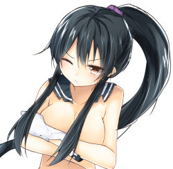 Rule 34 | 10s, 1girl, bare shoulders, black hair, breasts, cleavage, collarbone, elbow gloves, gloves, kantai collection, large breasts, long hair, mizushina minato, one eye closed, personification, sailor collar, solo, torn clothes, white background, white gloves, wink, yahagi (kancolle), yellow eyes