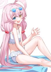 Rule 34 | 1girl, absurdres, ahoge, bare arms, bare legs, bare shoulders, bikini, blue archive, blue eyes, blush, eyewear on head, frilled bikini, frills, hair between eyes, halo, heterochromia, highres, hoshino (blue archive), hoshino (swimsuit) (blue archive), long hair, looking at viewer, navel, olecafe2, open mouth, pink hair, pink halo, simple background, smile, solo, sunglasses, swimsuit, white background, white bikini, yellow eyes