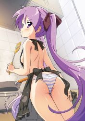 Rule 34 | 1girl, :i, apron, ass, back, blush, breasts, from behind, frying pan, hair ribbon, highres, hiiragi kagami, hotaru iori, kitchen, long hair, looking at viewer, lucky star, nearly naked apron, panties, purple eyes, purple hair, ribbon, sideboob, small breasts, solo, standing, striped clothes, striped panties, sweatdrop, twintails, underwear, very long hair
