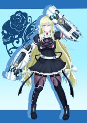 Rule 34 | 1girl, ankle boots, arm up, assault lily, asymmetrical footwear, belt, black footwear, black skirt, black thighhighs, blonde hair, blue background, blue eyes, boots, bow, breasts, brown pantyhose, buckle, buttons, cleavage, closed mouth, commentary, cropped jacket, drop shadow, dual wielding, emblem, frilled skirt, frills, gradient background, hair between eyes, hair bow, highres, holding, knee boots, large breasts, letterboxed, light blush, long hair, looking at viewer, luise ingels, miniskirt, outside border, pantyhose, pleated skirt, power fist, puffy short sleeves, puffy sleeves, school uniform, shirt, short sleeves, sidelocks, skirt, smile, snap-fit buckle, solo, standing, thigh strap, thighhighs, thighhighs over pantyhose, toremo rin, underbust, uneven footwear, v-shaped eyebrows, very long hair, white belt, white bow, white shirt, yurigaoka girls academy school uniform