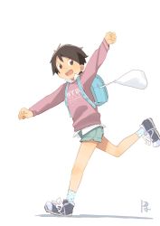 Rule 34 | 1other, backpack, bag, black hair, child, highres, open mouth, original, running, satsuyo, shoes, short hair, short shorts, shorts, simple background, sneakers, solo, tomboy, white background