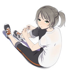 Rule 34 | 1girl, full body, green eyes, knee up, looking at viewer, looking back, looking up, mattaku mousuke, no socks, original, pants, parted lips, ponytail, shirt, shoes, short sleeves, silver hair, simple background, sitting, sneakers, solo, t-shirt, track pants, tying shoes, white background