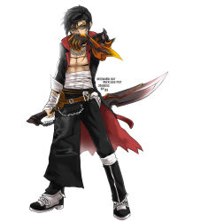 Rule 34 | 10s, 1boy, 2011, alternate costume, asymmetrical clothes, bandages, black hair, black pants, coat, dated, elsword, full body, glasses, highres, ivy60530, jewelry, male focus, mechanical arms, necklace, pants, raven cronwell, reverse grip, sarashi, scar, shoes, single mechanical arm, solo, sword, topless male, weapon, white background