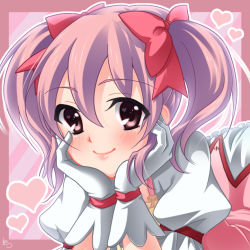 Rule 34 | 10s, 1girl, bad id, bad pixiv id, blush, border, bow, bubble skirt, dress, gloves, hair bow, hands on own cheeks, hands on own face, head rest, heart, kaname madoka, light smile, lips, looking at viewer, lying, magical girl, mahou shoujo madoka magica, mahou shoujo madoka magica (anime), on stomach, pink eyes, pink hair, portrait, puffy sleeves, reira (snowstrawberry), short twintails, signature, skirt, solo, twintails, watermark, white gloves