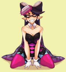 Rule 34 | 1girl, absurdres, bare shoulders, beige background, black hair, blush, breasts, callie (splatoon), chikkibug, cleavage, collarbone, detached collar, domino mask, earrings, fangs, food, food on head, full body, gloves, heart, heart-shaped pupils, highres, jewelry, long hair, mask, medium breasts, mole, mole under eye, nintendo, object on head, orange eyes, own hands together, pantyhose, pink pantyhose, pointy ears, sharp teeth, short jumpsuit, simple background, sitting, smile, solo, splatoon (series), spread legs, strapless, sushi, symbol-shaped pupils, teeth, tentacle hair, tentacles, white gloves