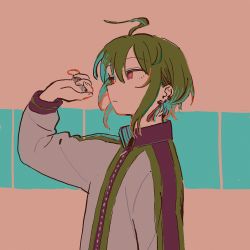 Rule 34 | 1other, ahoge, androgynous, blue background, closed mouth, commentary request, earrings, from side, green hair, green jacket, grey jacket, hand up, highres, jacket, jewelry, long sleeves, muji (uimss), multicolored clothes, multicolored jacket, nijisanji, pink background, purple eyes, purple jacket, ryuushen, short hair, upper body, virtual youtuber