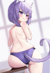 Rule 34 | 1girl, 2drr, :q, ahoge, animal ear fluff, animal ears, ass, back, backboob, bare back, blurry, blurry background, blush, breasts, cat ears, cat girl, cat tail, closed mouth, covering privates, covering breasts, from behind, hair between eyes, hololive, licking lips, looking at viewer, looking back, medium breasts, nekomata okayu, panties, purple eyes, purple hair, purple panties, shoulder blades, smile, solo, tail, tongue, tongue out, topless, underwear, underwear only, virtual youtuber