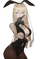 Rule 34 | 1girl, alternate costume, arm across waist, bare shoulders, bismarck (kancolle), black bow, black bowtie, black gloves, black hairband, black leotard, blonde hair, blue eyes, bow, bowtie, breasts, brown pantyhose, center opening, cigar, cleavage, cowboy shot, elbow gloves, garter straps, gloves, hairband, holding, kantai collection, large breasts, leotard, long hair, looking at viewer, neko (ganecooo), pantyhose, playboy bunny, simple background, smoke, solo, thighs, very long hair, white background