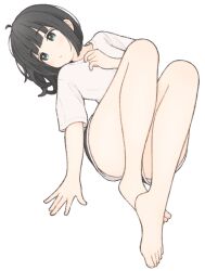 1girl 1ssakawaguchi absurdres bare_legs barefoot black_eyes black_hair black_shorts blunt_bangs dolphin_shorts feet highres ichika_(1ssakawaguchi) knees_up looking_to_the_side lying on_back original shirt short_hair short_shorts short_sleeves shorts simple_background solo toes white_background white_shirt