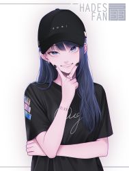 Rule 34 | 1girl, arm tattoo, black headwear, black nails, black shirt, blouse, blue eyes, blue hair, chimachi, commentary request, ear piercing, earrings, english text, hair over shoulder, hand on own face, highres, inward v, jewelry, long hair, looking at viewer, nail polish, original, piercing, ring, shirt, short sleeves, simple background, smile, smirk, solo, tattoo, upper body, v, white background, wrist tattoo