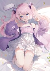 Rule 34 | 1girl, barefoot, blue eyes, blush, commentary, commission, hair ornament, hairclip, highres, iriam, jacket, kurage cc, long hair, open clothes, open jacket, pink hair, purple jacket, skeb commission, skirt, sleep mask, solo, spice (agency), swept bangs, symbol-only commentary, thighhighs, twintails, virtual youtuber, white skirt, yohane shiroru