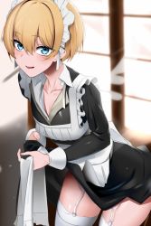 Rule 34 | 1boy, :d, apron, black dress, blonde hair, blue eyes, blush, copyright request, doko tetora, dress, garter straps, leaning forward, long sleeves, looking at viewer, maid, maid apron, maid headdress, male focus, open mouth, parted lips, short hair, smile, thighhighs, trap, white apron, white thighhighs