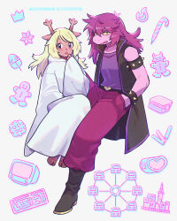 Rule 34 | 2girls, animal ears, animal nose, ankle boots, antlers, armlet, artist name, barefoot, belt, black footwear, black jacket, blonde hair, boots, bracelet, candy, candy cane, colored sclera, colored skin, commentary, deer ears, deer girl, deltarune, fang, ferris wheel, food, from side, full body, furry, furry female, gingerbread man, hair between eyes, hand in pocket, hand up, highres, hood, hood down, hooded robe, hooves, horns, invisible chair, jacket, jewelry, keyboard (computer), knee up, long hair, long sleeves, looking at viewer, mayuzumi, medium hair, messy hair, monitor, mouse (computer), multiple girls, noelle holiday, open mouth, pants, pink skin, purple eyes, purple hair, purple pants, purple shirt, robe, ship name, shirt, simple background, sitting, sleeveless, sleeveless jacket, spiked armlet, spiked bracelet, spikes, susie (deltarune), symbol-only commentary, twitter username, white background, white robe, wide sleeves, yellow sclera