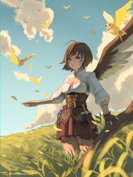 Rule 34 | 1girl, absurdres, ahoge, belt, bird, blue sky, breasts, brown eyes, brown hair, brown skirt, brown wings, cleavage, cleavage cutout, clothing cutout, cloud, day, feathers, field, gloves, grass, highres, hololive, hololive english, knife, looking at viewer, medium breasts, multicolored hair, nanashi mumei, outdoors, owl, partially fingerless gloves, seventeencrows, sheath, sheathed, single wing, skirt, sky, solo, standing, streaked hair, twitter username, virtual youtuber, wings
