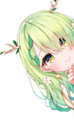 Rule 34 | 1girl, absurdres, antlers, blush, braid, braided bangs, ceres fauna, closed mouth, commentary, earrings, eyes visible through hair, flower, green hair, hair flower, hair ornament, hair over one eye, hand up, head tilt, highres, hololive, hololive english, horns, jewelry, kohe billialot, leaf, long hair, looking at viewer, mole, mole under eye, multicolored hair, peeking out, simple background, single braid, smile, solo, streaked hair, virtual youtuber, wavy hair, white background, white flower, yellow eyes