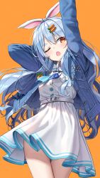 Rule 34 | 1girl, ;o, arms up, belt, blue hair, blue jacket, blue neckerchief, blush, carrot hair ornament, commentary request, cowboy shot, dress, food-themed hair ornament, hair ornament, highres, hololive, jacket, long hair, long sleeves, neckerchief, official alternate costume, one eye closed, open clothes, open jacket, open mouth, orange background, red eyes, short eyebrows, simple background, solo, standing, superpig, thick eyebrows, usada pekora, usada pekora (casual), very long hair, virtual youtuber, white belt, white dress