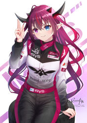 Rule 34 | 1girl, blue eyes, highres, hololive, hololive english, horns, irys (hololive), nail polish, pink hair, pink nails, pointy ears, purple eyes, racing suit, sitting, skyrail, smile, solo, tire, virtual youtuber