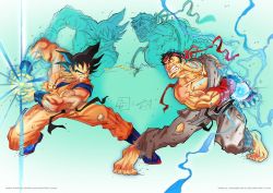 Rule 34 | 2boys, angry, arms up, barefoot, battle, black hair, blue eyes, blue footwear, boots, capcom, clenched teeth, crossover, dougi, dragon ball, dragonball z, fighting, fingerless gloves, fingernails, gloves, green eyes, hairband, highres, karate gi, knees, male focus, multiple boys, muscular, nail, ryu (street fighter), short hair, simple background, son goku, sparkle, spiked hair, street fighter, street fighter i, teeth, tunde jaji (artist), wristband