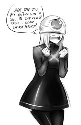 Rule 34 | 1girl, cyclops, dress, english text, game console, greyscale, helmet, microsoft, monochrome, monster girl, one-eyed, personification, psuede, thighhighs, xbox one