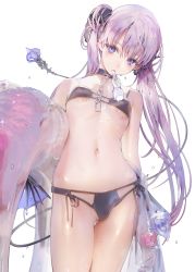 Rule 34 | 1girl, absurdres, bad id, bad twitter id, bikini, black bikini, black choker, breasts, chain, choker, commentary request, highres, innertube, jima, long hair, looking at viewer, mouth hold, multi-strapped bikini, navel, original, purple eyes, purple hair, simple background, small breasts, solo, swim ring, swimsuit, thighs, twintails, very long hair, wet, white background
