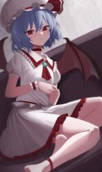 Rule 34 | 1girl, absurdres, ascot, bat wings, blue hair, blurry, brooch, choker, couch, depth of field, dutch angle, flat chest, hat, highres, jewelry, looking at viewer, mob cap, on couch, red ribbon, remilia scarlet, ribbon, shin man, short hair, sitting, solo, touhou, wings, wrist cuffs, yokozuwari