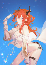 Rule 34 | 1girl, arknights, ass, bikini, black bikini, blue background, bracelet, breasts, burnt clothes, cherry, chilakkk, cleavage, commentary, criss-cross halter, demon horns, feet out of frame, food, frills, fruit, hair between eyes, hair intakes, hair ornament, halterneck, highres, holding, holding food, horns, jewelry, leaning forward, lens flare, long hair, looking at viewer, medium breasts, mouth hold, official alternate costume, parted lips, popsicle, purple eyes, red hair, side-tie bikini bottom, simple background, slit pupils, solo, standing, star (symbol), star hair ornament, string bikini, surtr (arknights), surtr (colorful wonderland) (arknights), swimsuit, swimsuit cover-up, thigh strap, twitter username, v-shaped eyebrows