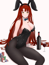 Rule 34 | 1girl, absurdres, alcohol, alt p3n, animal ears, bad id, bad pixiv id, black leotard, black pantyhose, blue bow, blue bowtie, bottle, bow, bowtie, cup, detached collar, drinking glass, fake animal ears, highres, leotard, long hair, looking at viewer, pantyhose, playboy bunny, poker chip, rabbit ears, red hair, simple background, sitting, solo, strapless, strapless leotard, tengen toppa gurren lagann, white background, wine, wine bottle, wine glass, wrist cuffs, yellow eyes, yoko littner