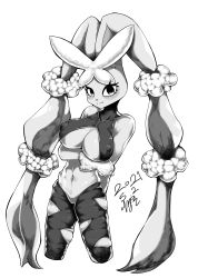 Rule 34 | 1girl, absurdres, animal nose, arm behind back, artist name, bare shoulders, blush, body fur, breasts, closed mouth, covered collarbone, covered erect nipples, cowboy shot, creatures (company), dated, female focus, furry, furry female, game freak, gen 4 pokemon, greyscale, haembokeyo, happy, highres, holding own arm, large breasts, looking at viewer, lopunny, mega lopunny, mega pokemon, monochrome, navel, nintendo, pantyhose, pokemon, pokemon (creature), rabbit ears, rabbit girl, signature, simple background, skindentation, smile, solo, split mouth, sports bra, standing, stomach, torn clothes, torn pantyhose, underboob, white background