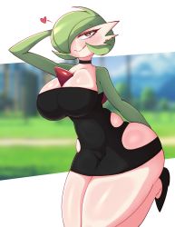 Rule 34 | 1girl, absurdres, black choker, black dress, blurry, blurry background, blush, breasts, choker, cleavage, clothing cutout, collarbone, cowboy shot, creatures (company), curvy, dress, furry, game freak, gardevoir, gen 3 pokemon, green hair, half-closed eyes, heart, highres, huge breasts, large breasts, leg up, looking at viewer, naughty face, navel, nintendo, no humans, pokemon, red eyes, saltyxodium, shiny skin, shoes, short dress, side cutout, skin tight, skindentation, smile, solo, sweat, taut clothes, thick thighs, thighs, tongue, tongue out, wide hips