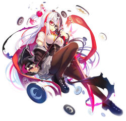 Rule 34 | 1girl, black footwear, black hair, black jacket, black pantyhose, bloom, breasts, candy, corset, food, food in mouth, from side, full body, glasses, grey skirt, heterochromia, highres, jacket, jacket off shoulders, katana, large breasts, long hair, looking at viewer, miniskirt, multicolored hair, off shoulder, open clothes, open jacket, original, pantyhose, red hair, red scarf, scarf, shoes, short sleeves, sidelocks, simple background, skirt, solo, streaked hair, sword, tel-o, two-tone hair, uniform, unsheathed, very long hair, weapon, white hair