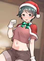 Rule 34 | 1girl, alternate costume, aqua eyes, blurry, blurry background, breasts, brown shirt, brown shorts, capelet, fur-trimmed capelet, fur-trimmed headwear, fur trim, furaggu (frag 0416), gloves, green hair, hat, highres, indoors, kantai collection, midriff, mogami (kancolle), navel, red capelet, red hat, santa hat, shirt, short hair, short shorts, short sleeves, shorts, small breasts, solo, white gloves