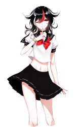 Rule 34 | 1girl, absurdres, alternate costume, arm at side, bad id, bad pixiv id, black hair, black nails, black skirt, bracelet, choker, clothes lift, cowboy shot, crop top, finger to mouth, grey horns, half-closed eye, highres, horns, jewelry, kijin seija, long hair, looking to the side, midriff, miniskirt, multicolored hair, nail polish, navel, one eye closed, pleated skirt, puffy short sleeves, puffy sleeves, red hair, sailor collar, school uniform, serafuku, sheya, short sleeves, simple background, skirt, skirt lift, solo, streaked hair, thighs, touhou, white background, white hair