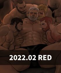 Rule 34 | 6+boys, bara, beard, belly, blonde hair, briefs, brown hair, dated, dopey (dopq), erection, eye contact, facial hair, feet out of frame, full beard, hairy, hand on another&#039;s thigh, highres, imminent gangbang, large pectorals, looking at another, male focus, male underwear, mature male, multiple boys, muscular, muscular male, navel, navel hair, nipples, orange hair, original, out of frame, paid reward available, pectorals, receding hairline, short hair, solo focus, spread legs, standing, sucking male nipple, thick beard, thick chest hair, thick eyebrows, topless male, underwear, watermark, white hair