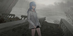 Rule 34 | 1girl, black shorts, blue eyes, blue hair, broken, chihuri, closed mouth, collarbone, drawstring, hair between eyes, highres, hood, hood down, hooded jacket, jacket, long hair, long sleeves, looking away, open clothes, open jacket, original, outdoors, overcast, railing, shirt, short shorts, shorts, sky, smile, solo, stairs, stone stairs, white jacket, white shirt