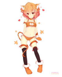 Rule 34 | 1girl, absurdres, animal ears, animal hands, bare shoulders, black thighhighs, blush, bra, cat ears, cat lingerie, cat paws, cat tail, closed mouth, collarbone, fang, full body, heart, highres, huaimeng, looking at viewer, meme attire, orange bra, orange eyes, orange hair, orange panties, original, panties, short hair, smile, solo, star (symbol), tail, thighhighs, underwear
