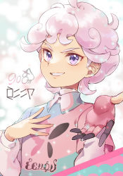 Rule 34 | 1boy, ahoge, bede (pokemon), buttons, collared shirt, commentary, creatures (company), curly hair, eyelashes, fingernails, game freak, gloves, hands up, male focus, multicolored shirt, nintendo, partially fingerless gloves, pink hair, pokemon, pokemon swsh, purple eyes, sasairebun, shirt, short hair, single glove, smile, solo, sparkle, upper body