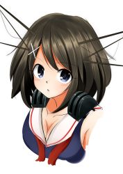 Rule 34 | 10s, 1girl, absurdres, bad id, bad pixiv id, blush, breasts, brown hair, cleavage, highres, kantai collection, kazenoko, maya (kancolle), short hair, simple background, solo, white background