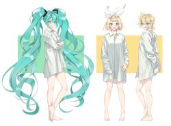 Rule 34 | 1boy, 2girls, :q, aqua eyes, aqua hair, arms behind back, bare legs, barefoot, berry (dreamoffancy), blonde hair, blue eyes, bob cut, bottomless, bow, breasts, crossed legs, dress shirt, full body, hair bow, hair ornament, hairclip, hatsune miku, highres, kagamine len, kagamine rin, long hair, looking at viewer, looking back, looking to the side, low ponytail, multiple girls, naked shirt, own hands together, shirt, short hair, sidelocks, sleeves past wrists, sleeves rolled up, small breasts, standing, swept bangs, tongue, tongue out, twintails, very long hair, vocaloid, white bow, white shirt