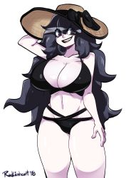 Rule 34 | 1girl, @ @, alternate breast size, bags under eyes, bikini, black bikini, black hair, breasts, cleavage, commentary, commission, creatures (company), curvy, english commentary, game freak, grey eyes, hat, hex maniac (pokemon), highres, huge breasts, long hair, messy hair, navel, nintendo, npc trainer, open mouth, pale skin, pokemon, pokemon xy, radlionheart, smile, solo, standing, stomach, strap gap, sun hat, sweat, swimsuit, thick thighs, thighs, transparent background, very long hair
