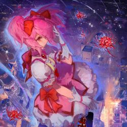Rule 34 | 1girl, absurdres, bow, bow choker, bubble skirt, building, choker, city, cityscape, cowboy shot, dress, dress bow, falling star, flower, from above, gloves, hair bow, hair over one eye, hand up, highres, kaname madoka, looking at viewer, magical girl, mahou shoujo madoka magica, mahou shoujo madoka magica (anime), night, outdoors, pink choker, pink dress, pink hair, puffy short sleeves, puffy sleeves, red bow, red eyes, red flower, short hair, short sleeves, short twintails, skirt, skyscraper, solo, spider lily, sudong tangyuan, tears, twintails, white gloves, white skirt